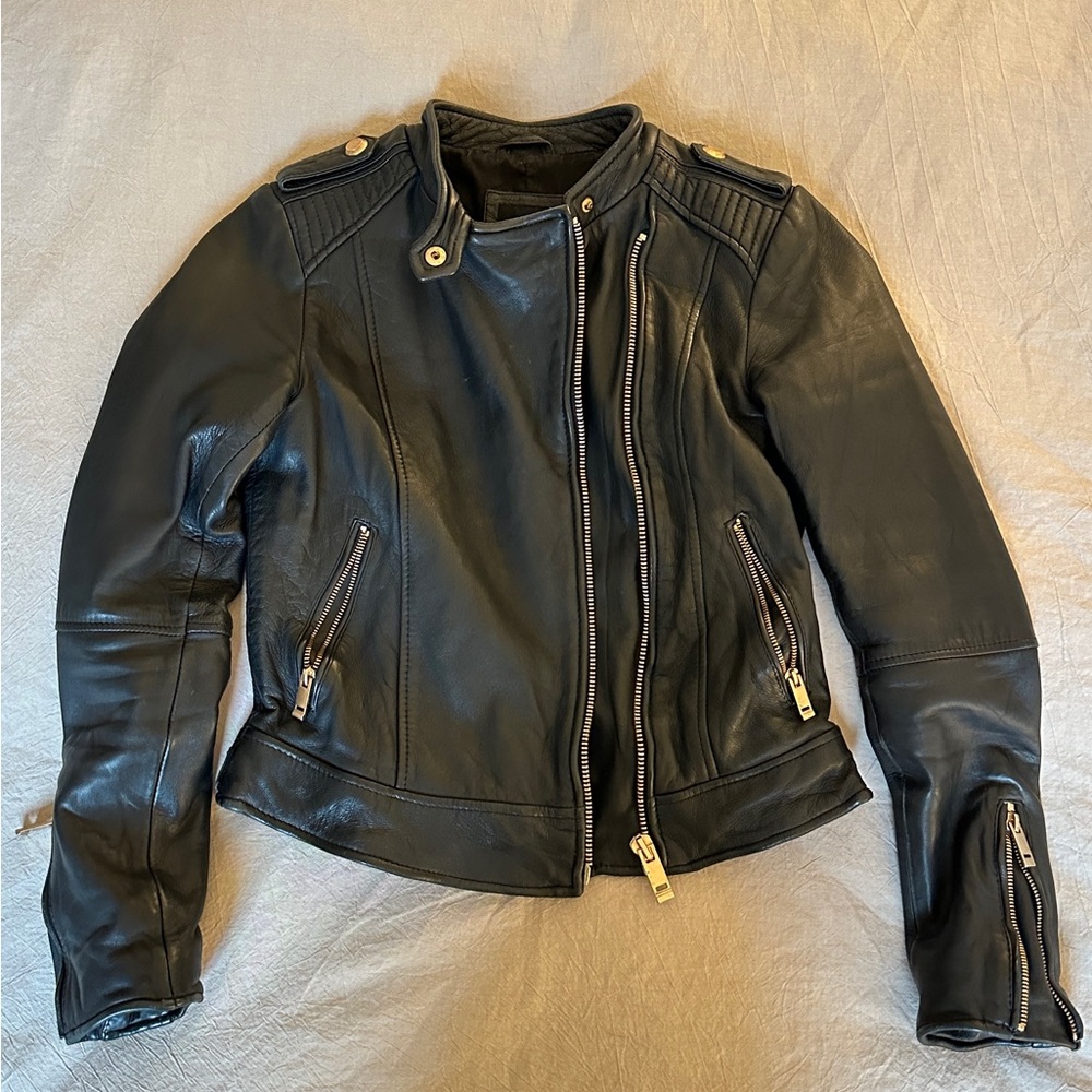 Zara Black Leather Motorcycle Jacket with Gold Brass Hardware